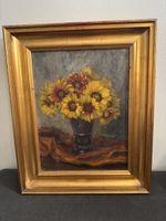 Ölgemälde Stillleben – Sonnenblumen in Vase – im Goldrahmen