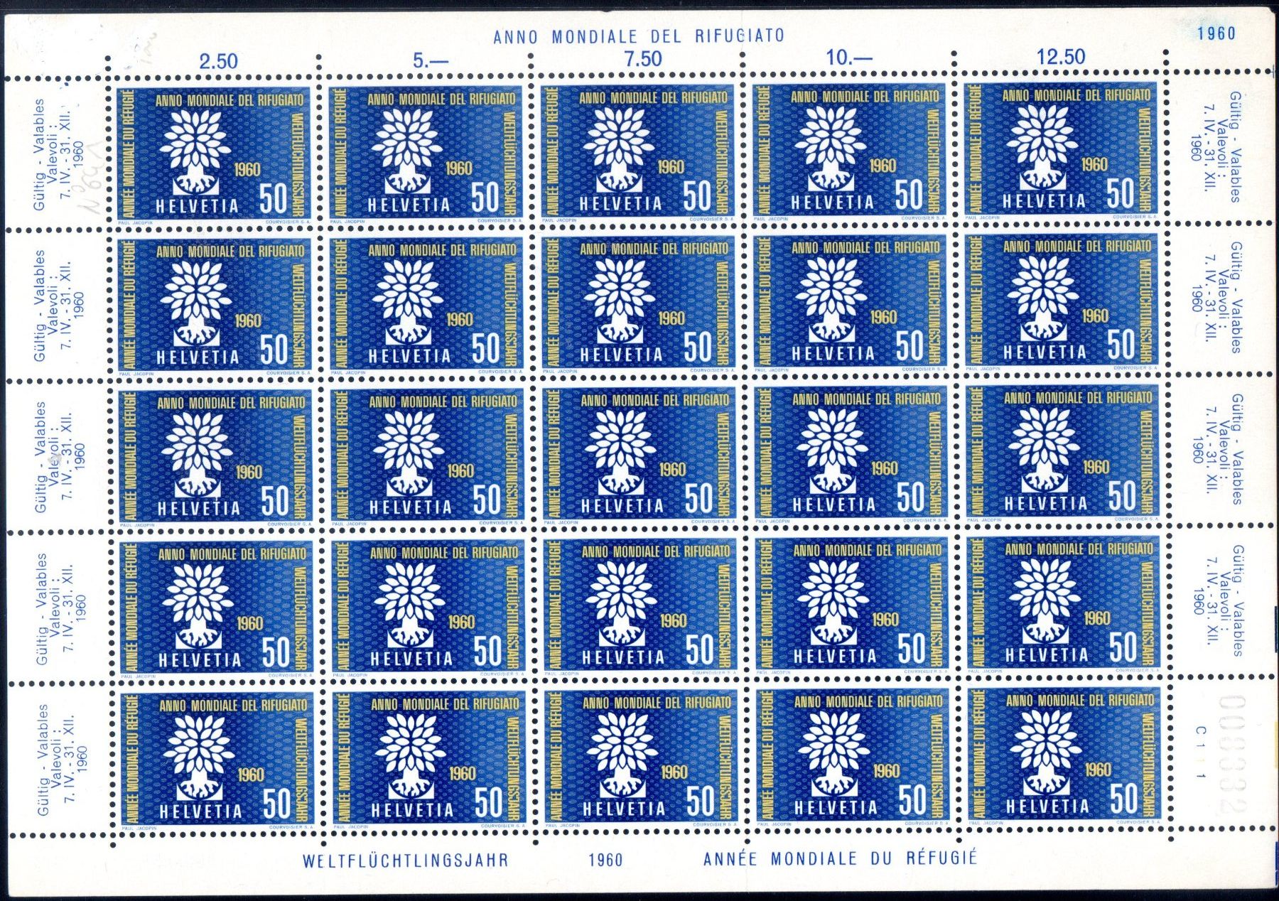 Alle Briefmarken: WELTFLÜCHTLINGSJAHR 1960 BOGEN ** POSTFRISCH ** - EB16 – Neu (gemäss Beschreibung) aus Losone von EM2019