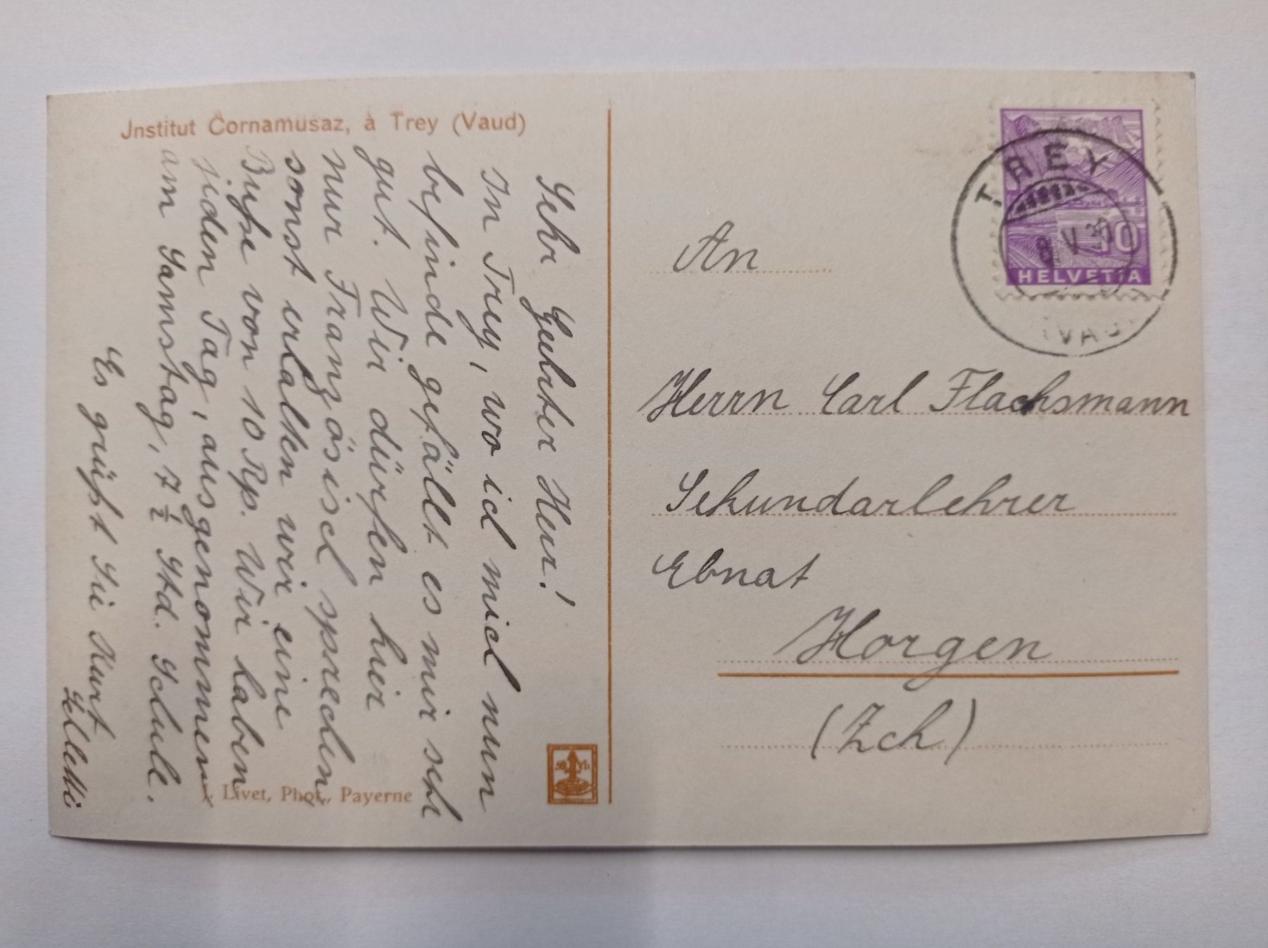 Cartoline postali: Antike Ansichtskarte Institut Cornamusaz Trey 1930 – Usato da Aadorf venduto da Greg19 1