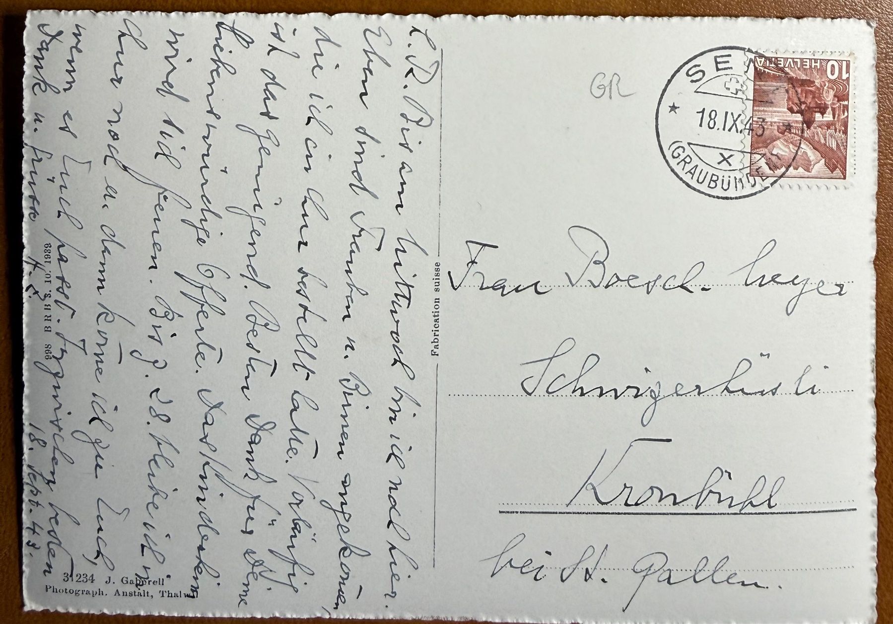 Ansichtskarten: SENT (Unter - Engadin) 1943 – Gebraucht aus Lutry von Ediego 1