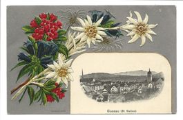 Gossau (SG) Dorfpartie mit Kirchen  Passepartout-Präge-Litho
