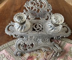 Antikes Doppel-Tintenfass, Metall und Glas