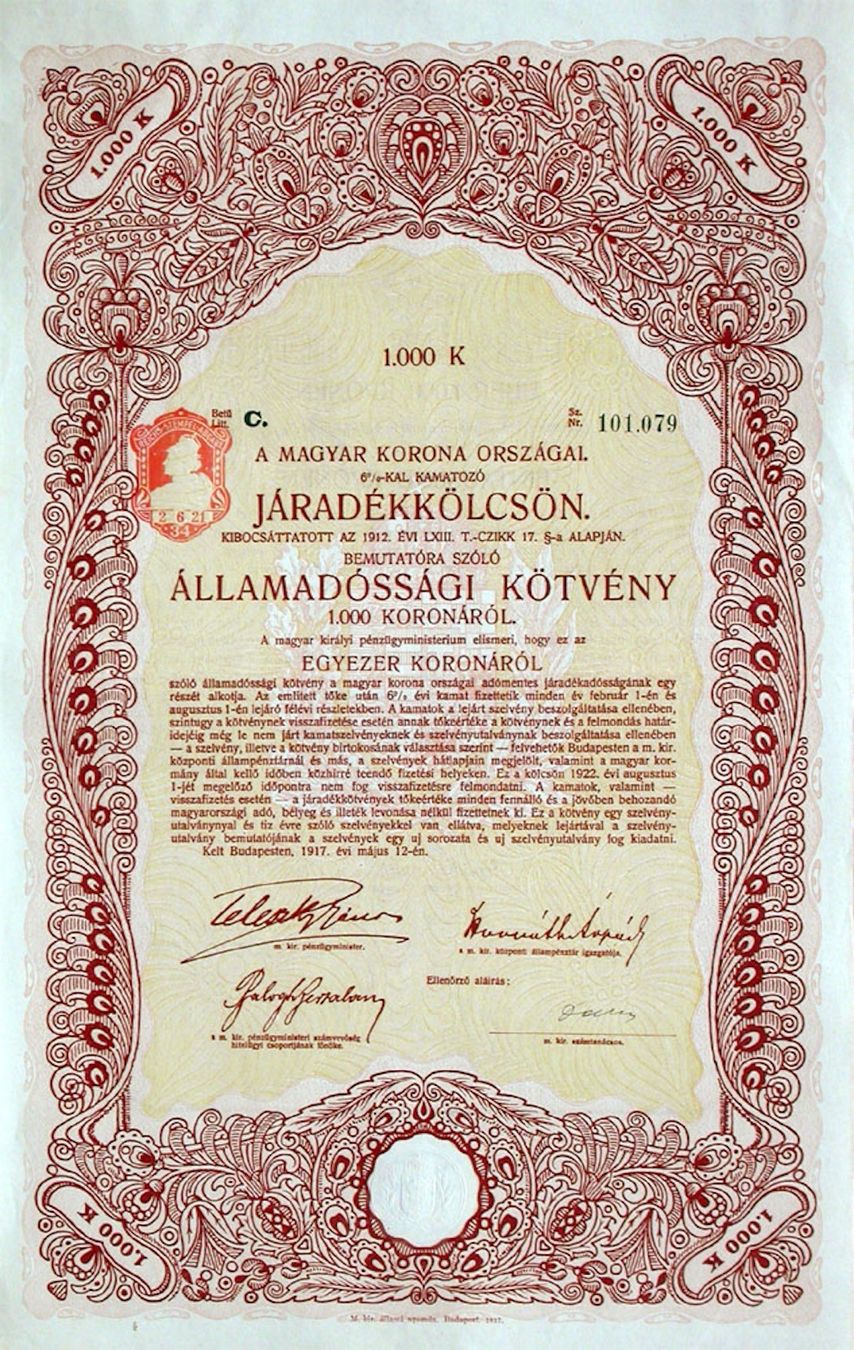 Documenti: 6% Königreich Ungarn, Budapest - 1917 – Usato da Solothurn venduto da Sgasche