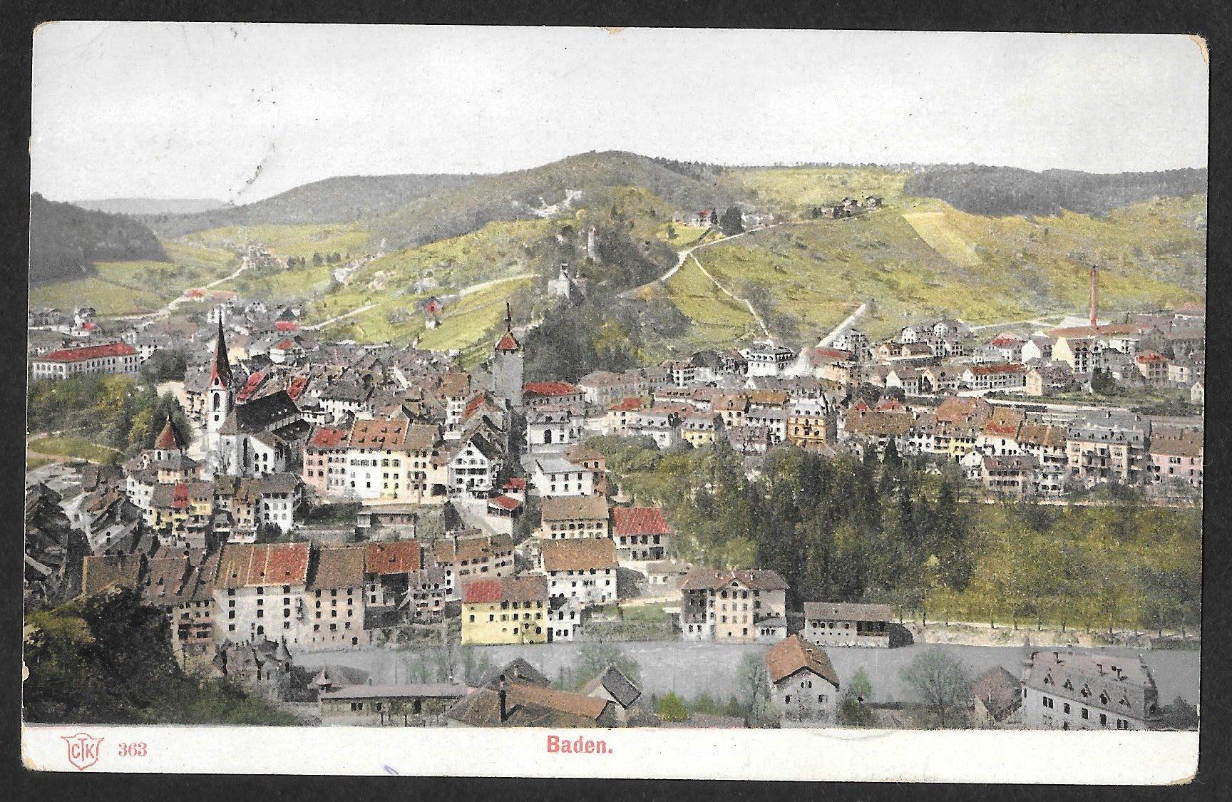 Cartoline postali: Baden farbige Teilansicht – Usato da Olten venduto da clotaldi