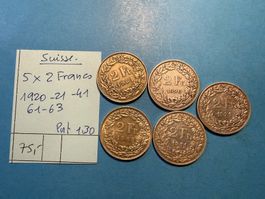 SUISSE : 5 X 2 FRANCS ARGENT 1920-21-41-61-63