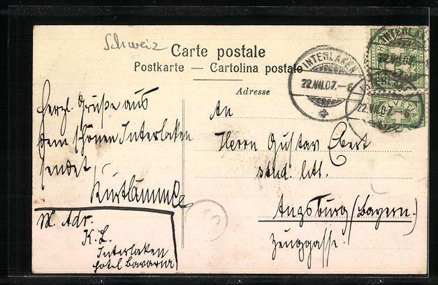 Cartoline postali: AK Interlaken, Hotel Bavaria, 1907 – Usato da Berlin venduto da bartko-reher 1