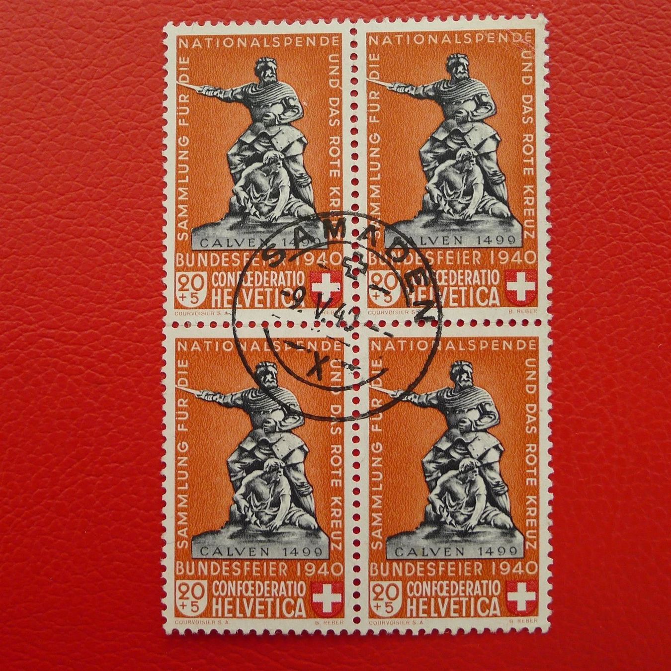 Alle Briefmarken: 1940, B7 Viererblock mit Zentrumstempel SAMADEN, Kat: 400.- – Gebraucht aus Sursee von Luzernerraute