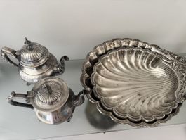 Silver Plated Teapots and Shell Dish Set