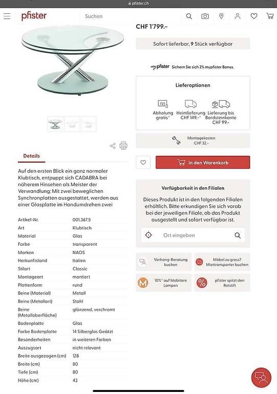 Pfister Tables: Neu Salontisch Glastisch NAOS – Neuf (Voir description) à Pratteln par Rbubi