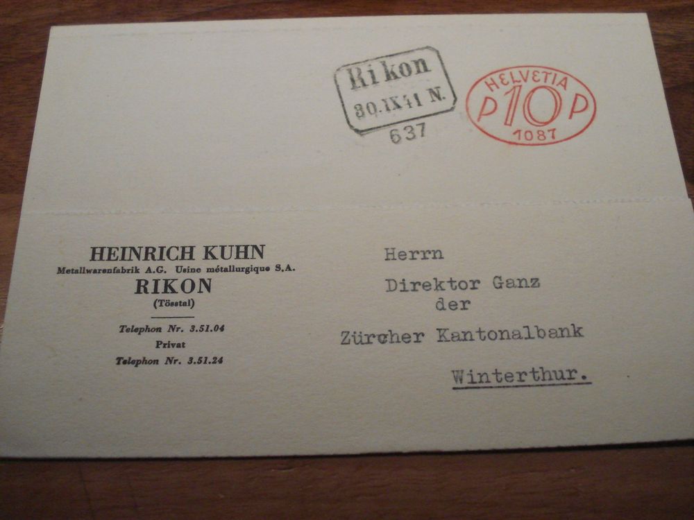 Karte Metallwarenfabrik Kuhn, Rikon, 1941, Eck-o Rikon | Kaufen auf Ricardo