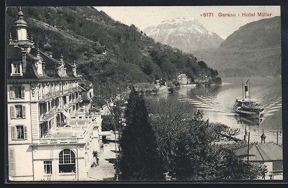 Cartoline postali: Gersau, Hotel Müller mit Bergen und Dam – Usato da Berlin venduto da bartko-reher