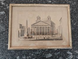 Antiker Stich – Rom Pantheon mit Obelisk, 19. Jh