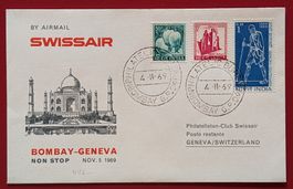 INDIA INDIEN FLUGPOST NONSTOP FLUG SWISSAIR BOMBAY-GENF 1969
