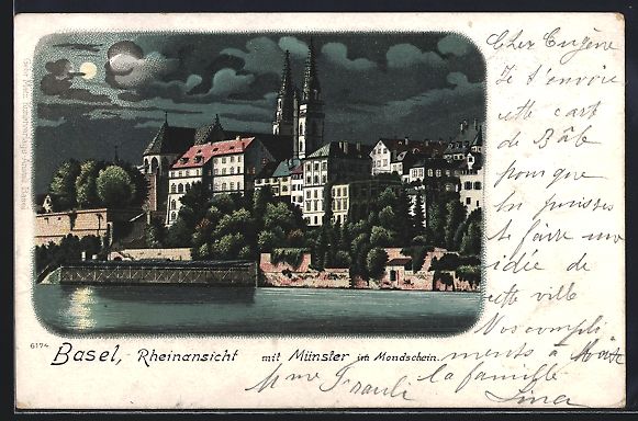 Cartoline postali: Litho Basel, Basel, Rheinansicht mit M – Usato da Berlin venduto da bartko-reher