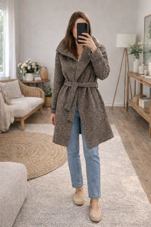 ZARA Basic Mantel Gr. S – Wollmix Tweed Braun mit Gürtel