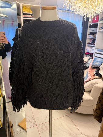 Warmer Strickpullover von Zara Fransen, Grösse S, Schwarz