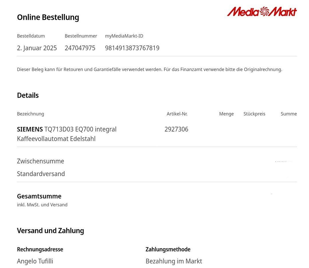 Siemens Macchine per caffè & Macchine per espresso: Kaffeevollautomat Siemens EQ.700 Integral – Usato da Möhlin venduto da Atdiego76 9