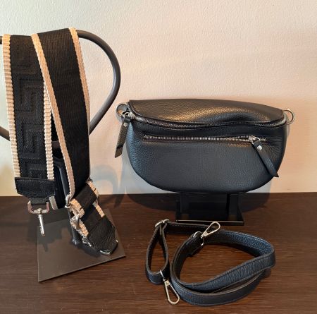 Leder Umhängetasche schwarz mit zwei Wechselgurten