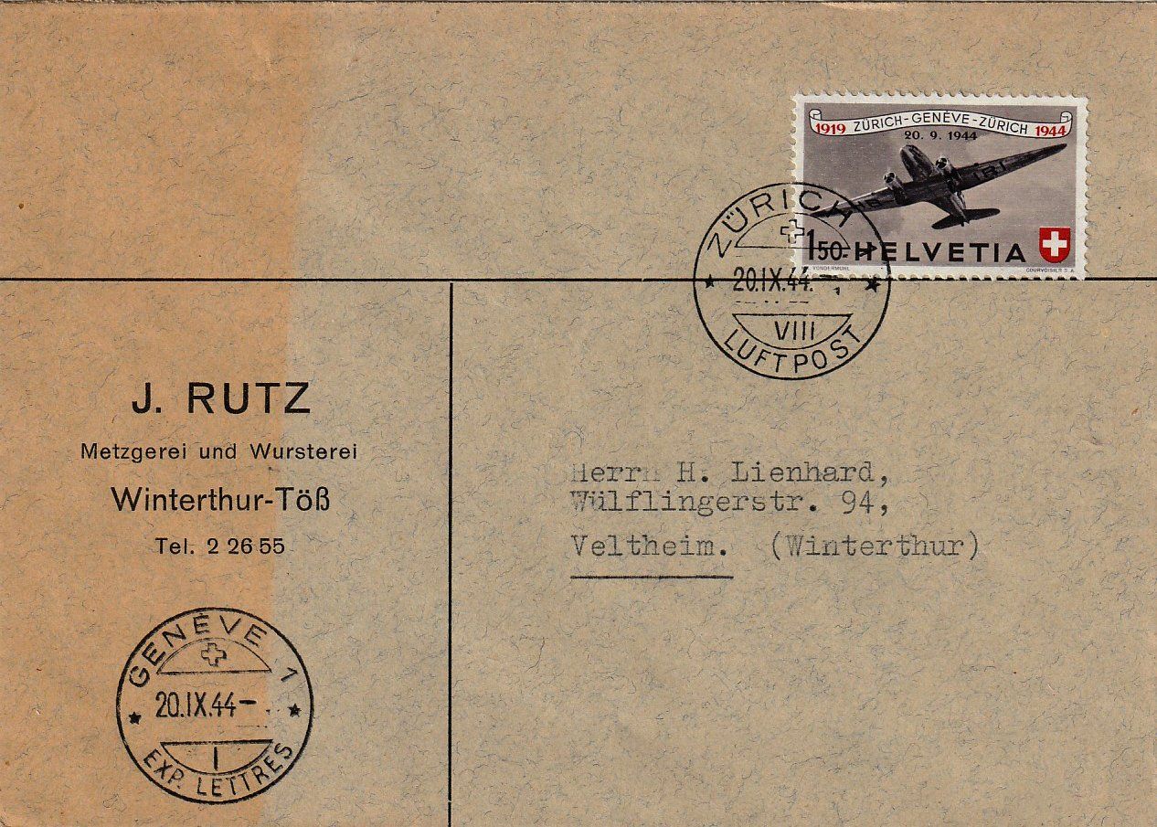 Tutti i francobolli: 1944 Brief 25 Jahre CH-Luftpost – Usato da Arlesheim venduto da gaugi43