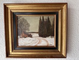 Huile sur toile - Paysage enneigé- Batteu