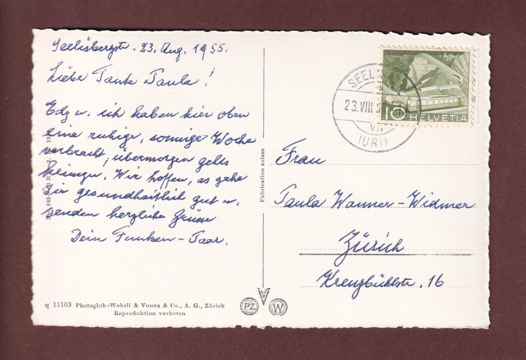 Cartoline postali: RÜTLIWIESE - Mythen - 1955 – Usato da Pully venduto da nicecards-shop 1