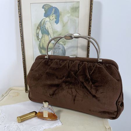 Tasche Samt braun 2 Metallhenkel VINTAGE 1960s