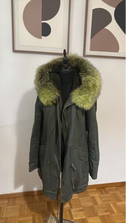 Parka donna verde con cappuccio in pelliccia nuovo