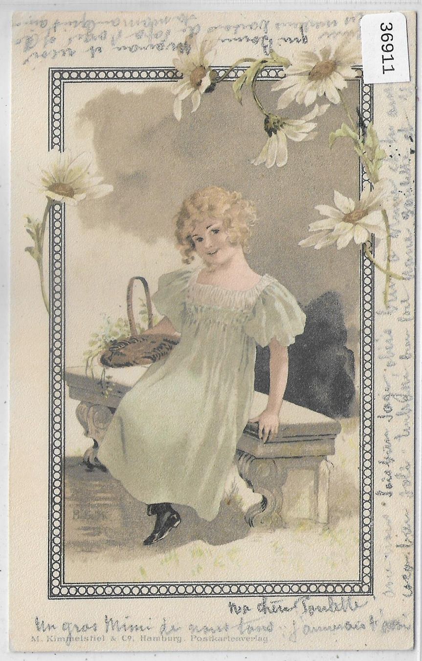 Cartoline postali: Mädchen auf Steinbank mit Korb - Litho 1899 – Usato da Ettingen venduto da Kartenplanet