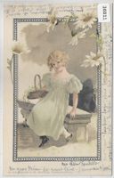 Mädchen auf Steinbank mit Korb - Litho 1899
