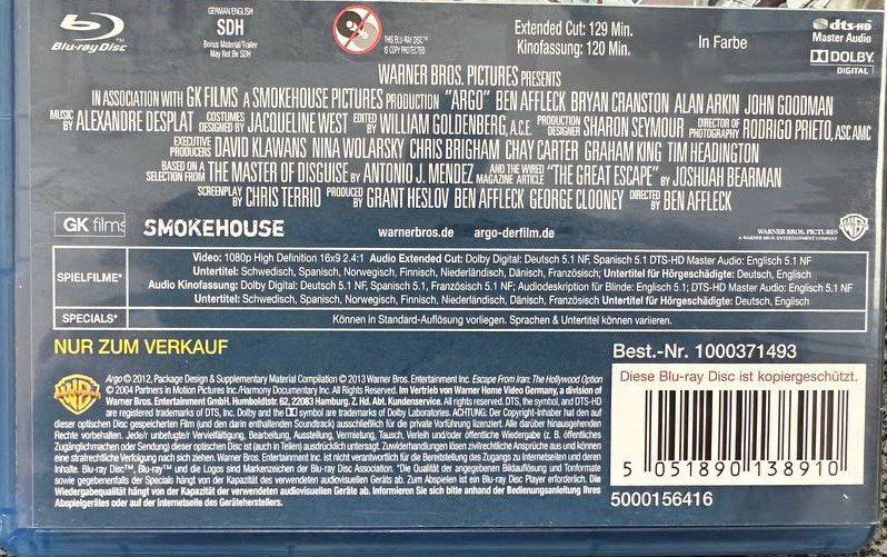 Tutti i DVDs: Argo Extended Cut Blu-ray - Top Zustand – Usato da Beringen venduto da Mantafisch1 2