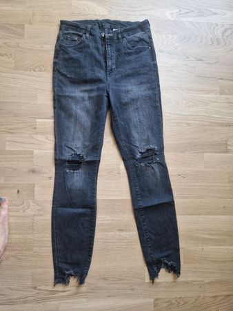 Jeans skinny gris déchiré taille haute T38