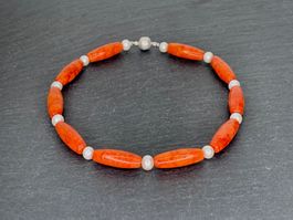 Rote Korallen & Perlen Halskette Sterling Silber