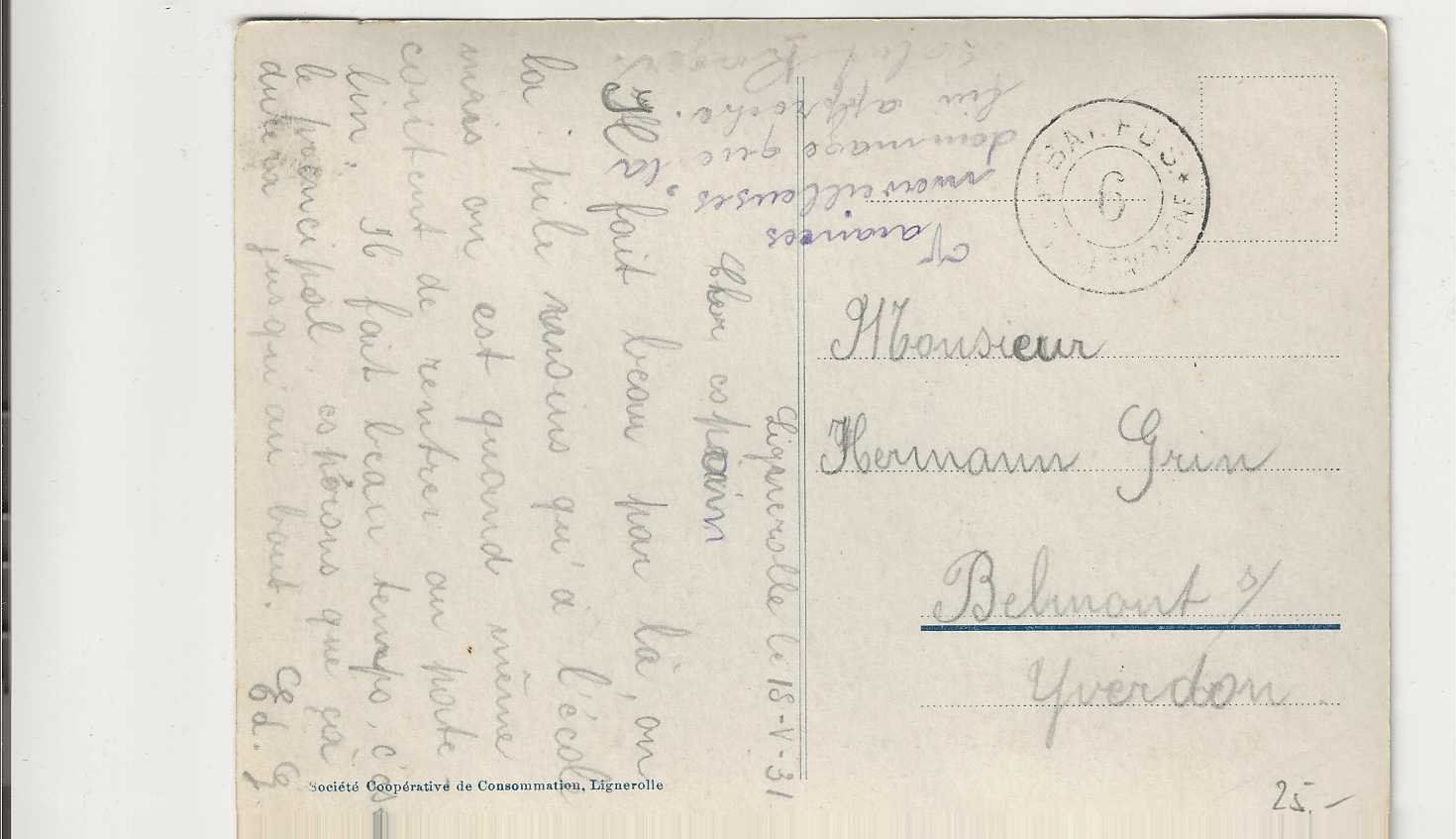 Cartoline postali: Lignerolle, 1931 – Usato da Spiez venduto da Niesen20 1
