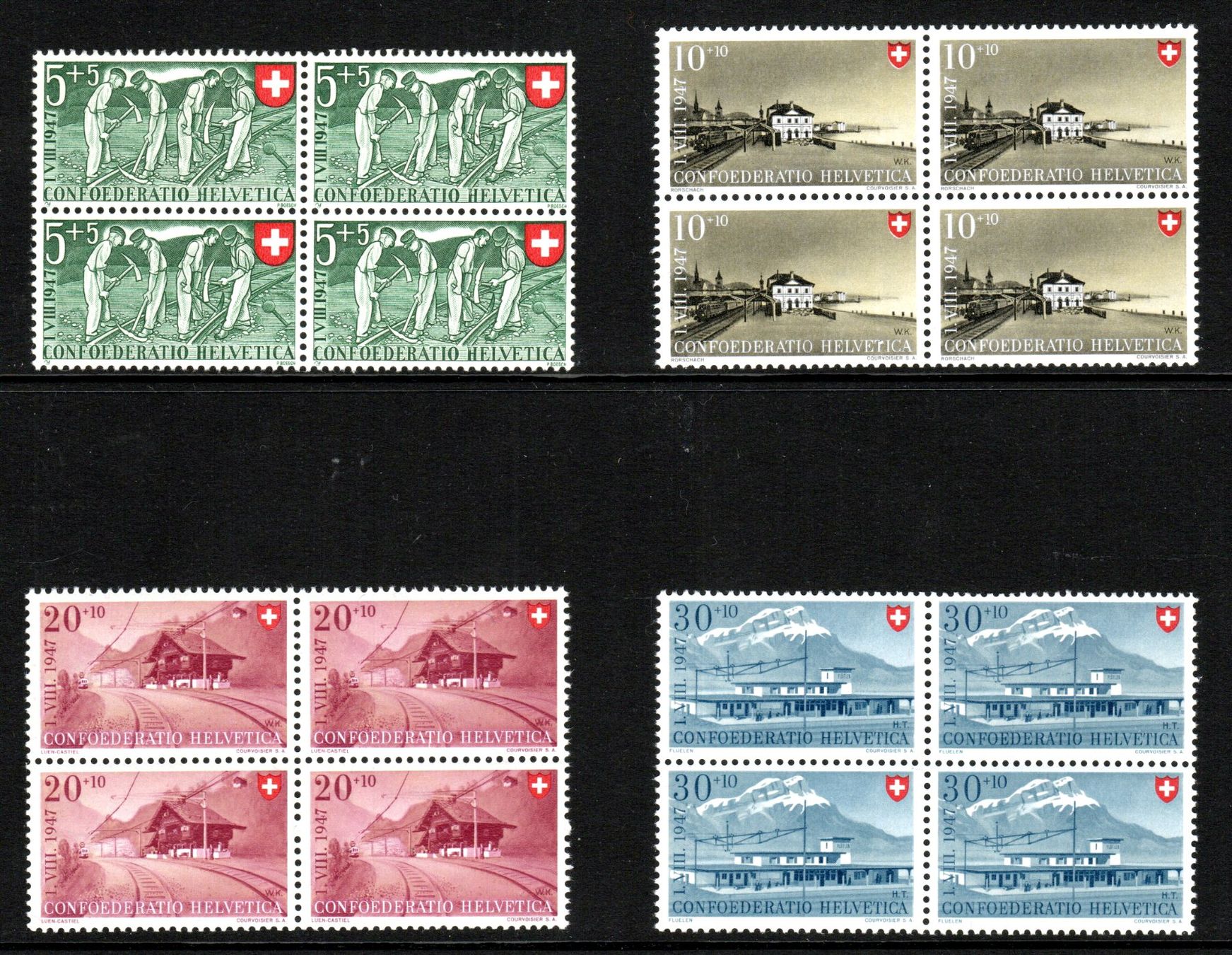Tutti i francobolli: PP 1947 Bahnarbeiter + Bahnhöfe Viererbl. postfr. SBK 80.-- – Nuovo (secondo la descrizione) da Stein am Rhein venduto da Huehnerhund