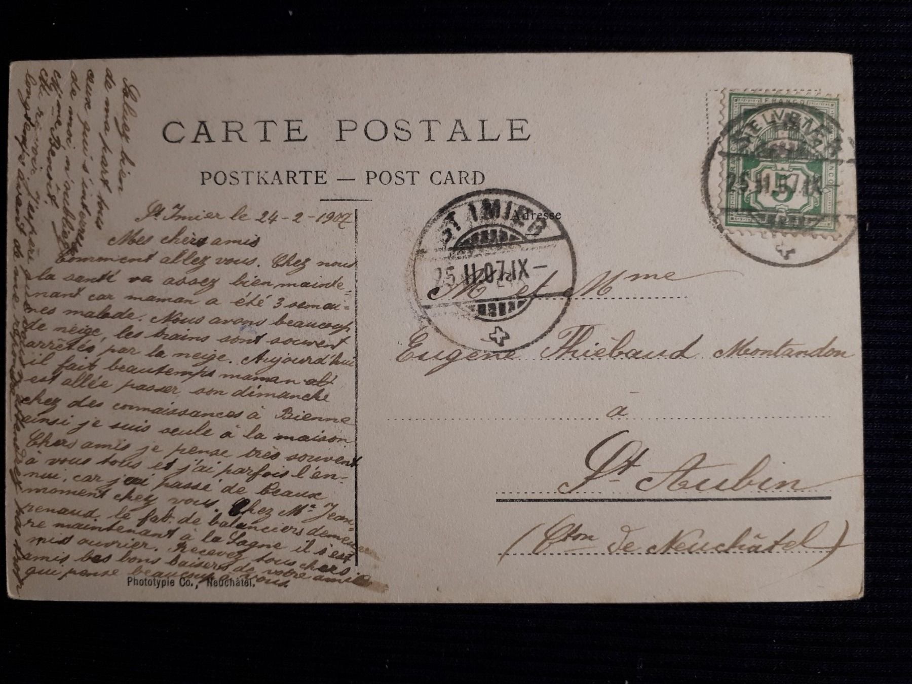 Cartoline postali: VALLON DE SAINT-IMIER 1907 - PLI D'ANGLE – Difettoso da Ponto Valentino venduto da giorgia06 1