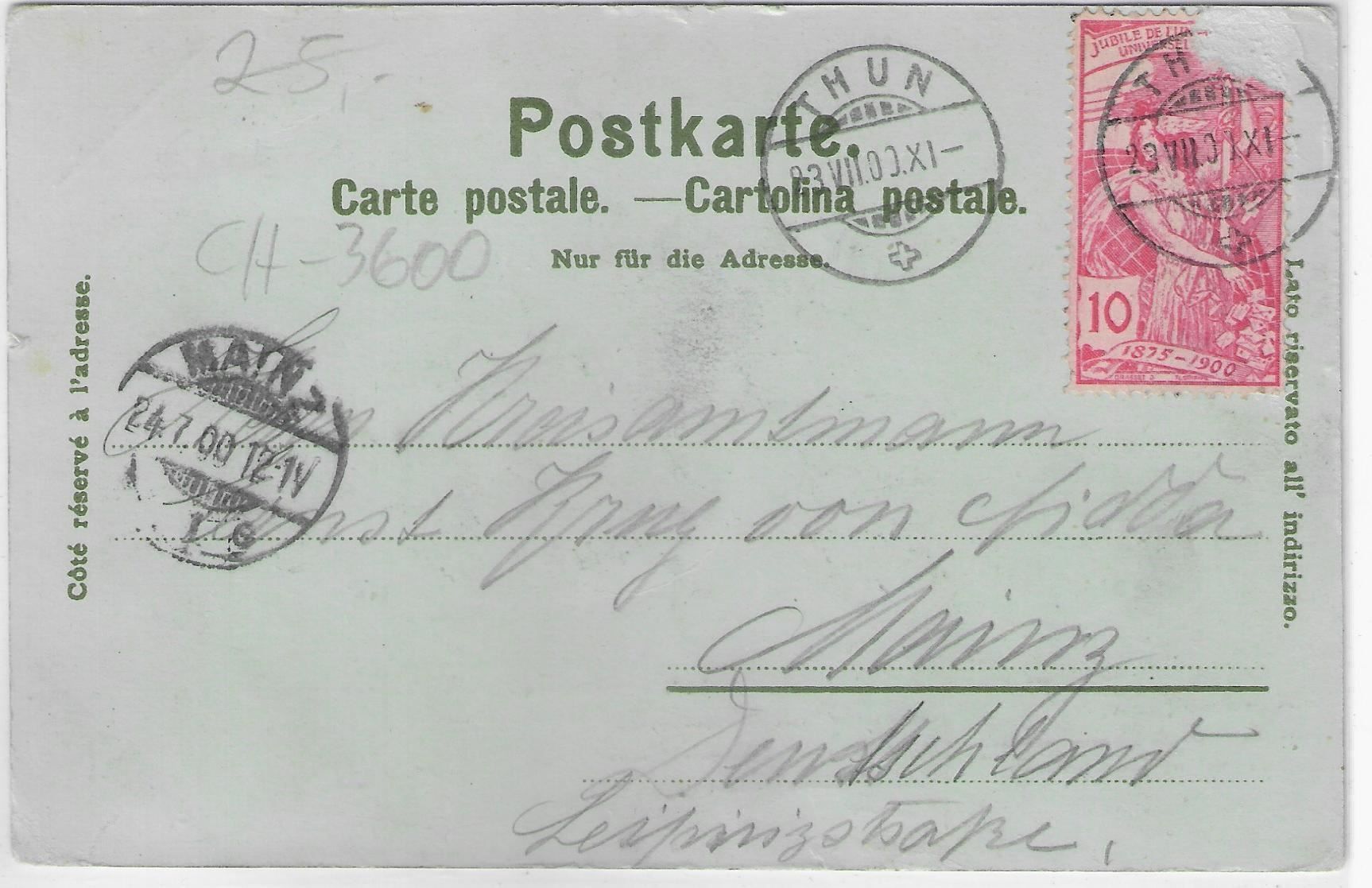 Cartoline postali: Gruss aus Thun - Mondschein-Litho 1900 – Usato da Ettingen venduto da Kartenplanet 1