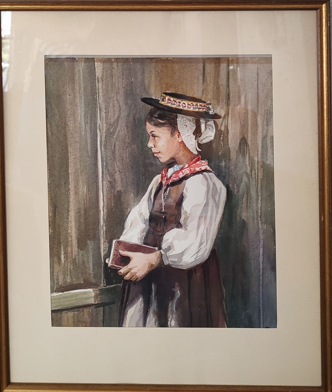 Gemälde: Aquarell E. Heimgartner: Mädchen in Tracht mit Buch – Gebraucht aus Zürich von Qualiflyer