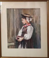 Aquarell E. Heimgartner: Mädchen in Tracht mit Buch