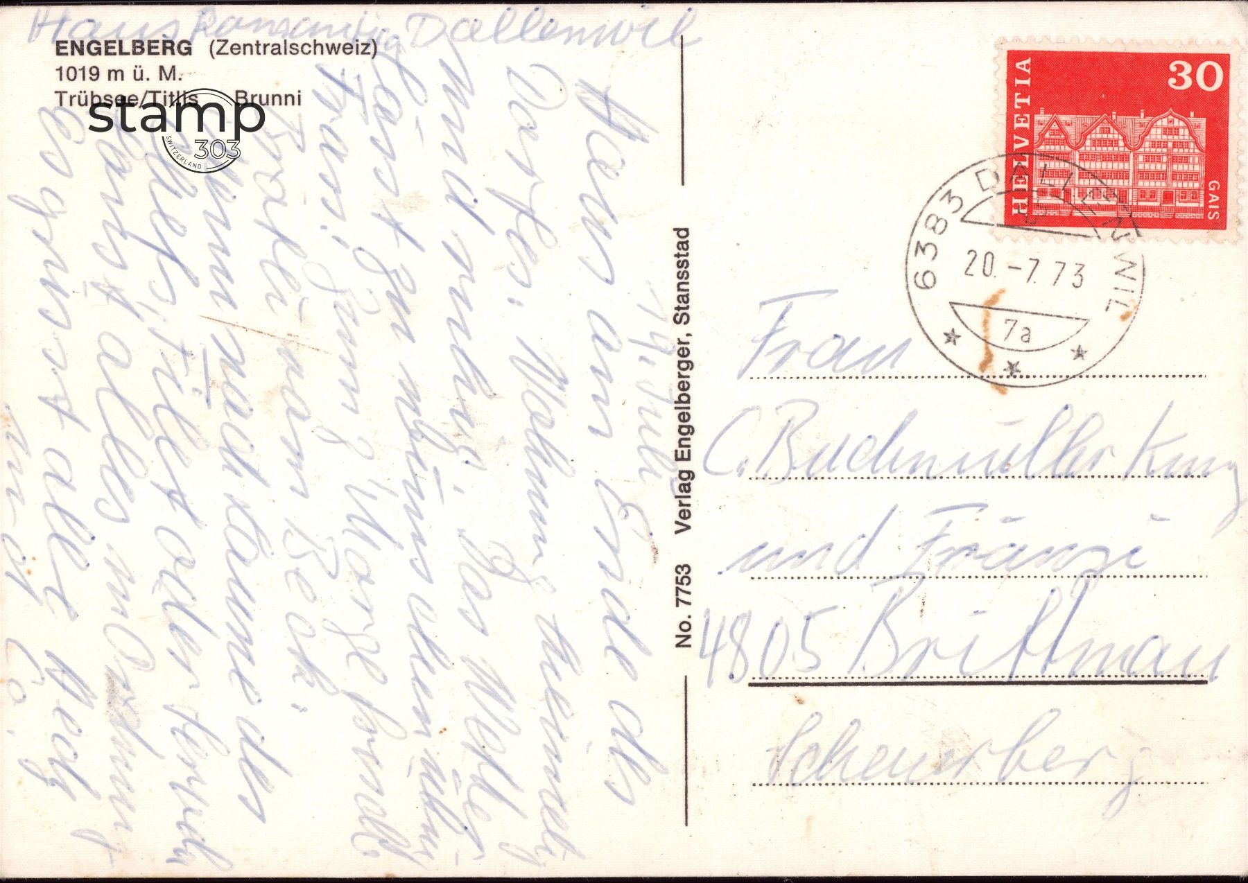Cartoline postali: 1973 AK Engelberg mit Trübsee und Titlis – Usato da Eggersriet venduto da stamp303 1
