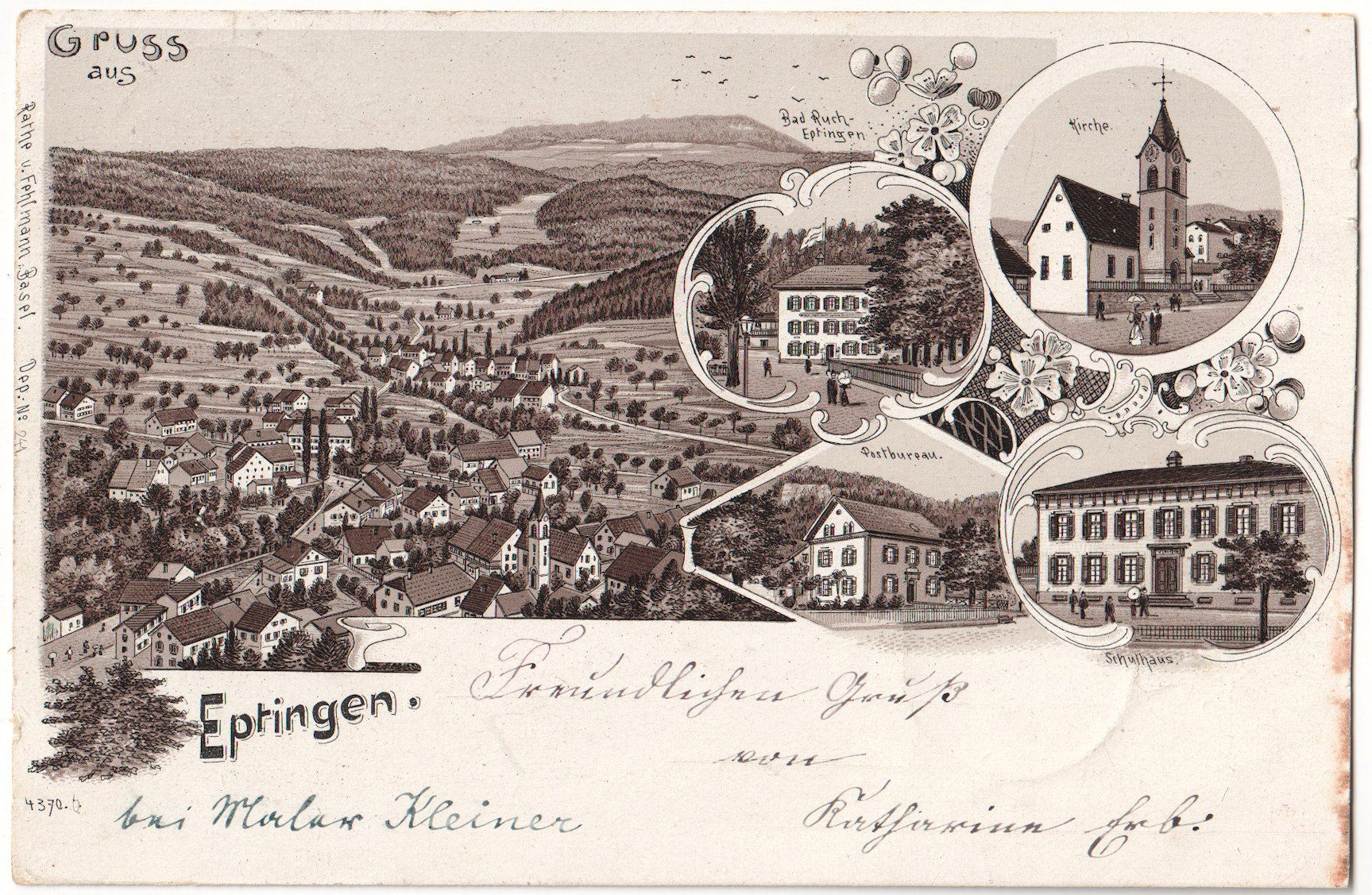 Cartoline postali: Gruss aus EPTINGEN: 5Bild-Litho mit Postbüro 1902 – Usato da Engelburg venduto da Swisscards 1