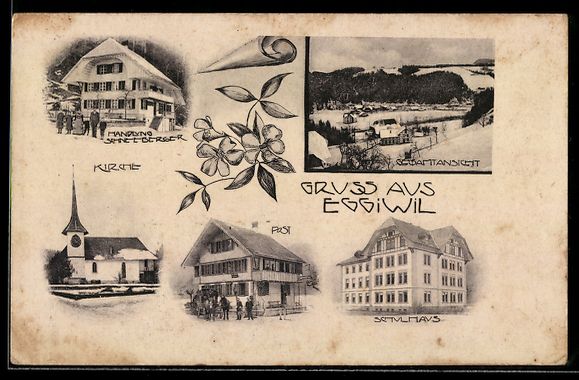 Cartoline postali: AK Eggiwil, Geschäft Schneeberger, Kirche, Post und Schule – Usato da Berlin venduto da bartko-reher