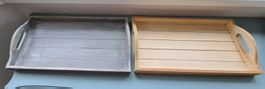 2 Holztabletts Serviertablett Grau/Natur