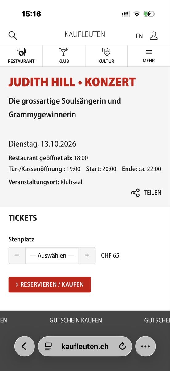 Biglietti: Konzert Judith Hill 13.10.26 – Nuovo (secondo la descrizione) da Fahrweid venduto da Mara36 1