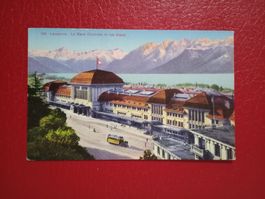 Lausanne Gare Central Tram Lac Leman AK antik Color