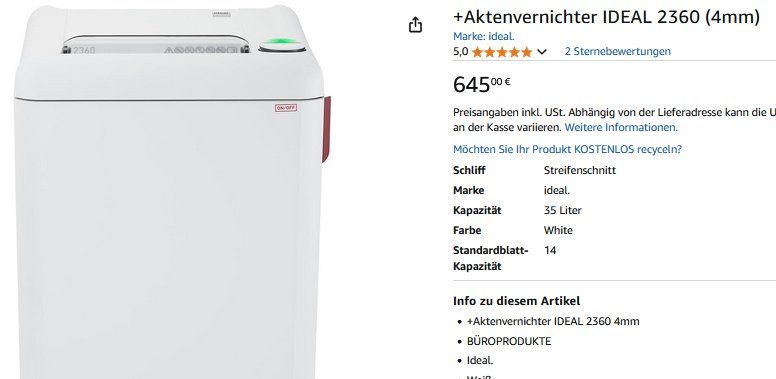 Distruggi documenti: Aktenvernichter IDEAL 2360 Destructeur de documents – Usato da Collonges venduto da arashee 6