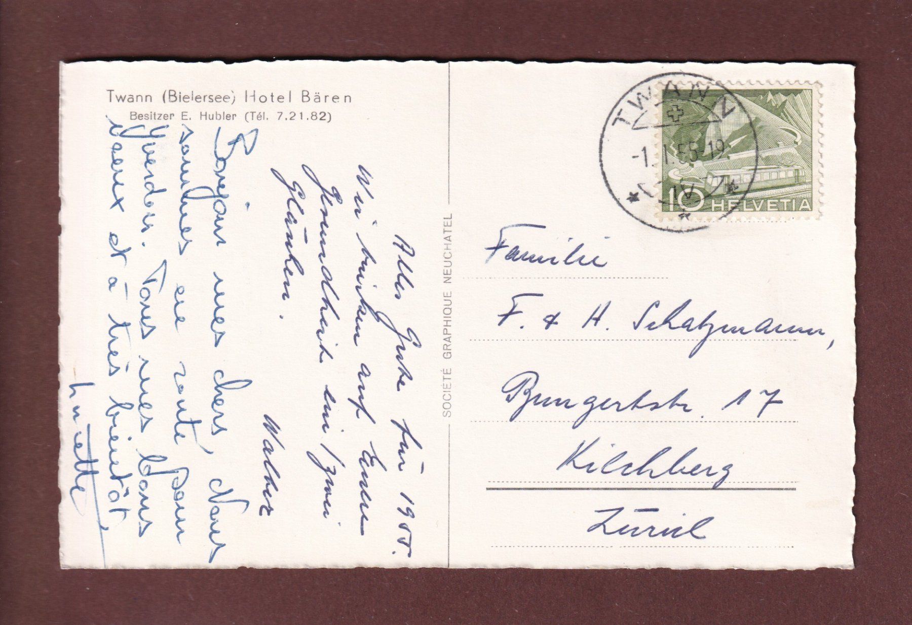 Cartoline postali: TWANN - Hotel Bären - 1955 – Usato da Pully venduto da nicecards 1