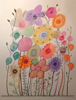 Original Aquarell Blumenwiese mit Fantasieblumen.