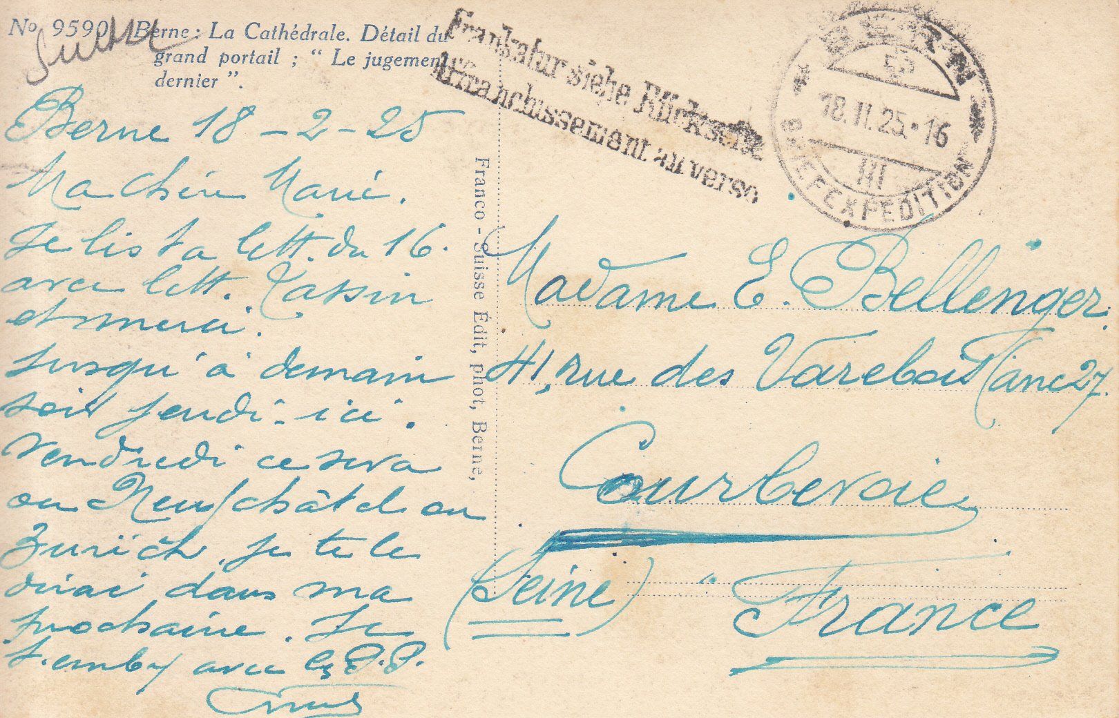 Cartoline postali: Bern Münsterportal 1925 – Usato da Bürglen TG venduto da StampGraf 1