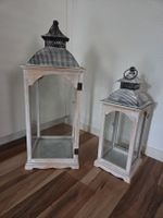2 Windlichter Laternen Holz Metall weiss