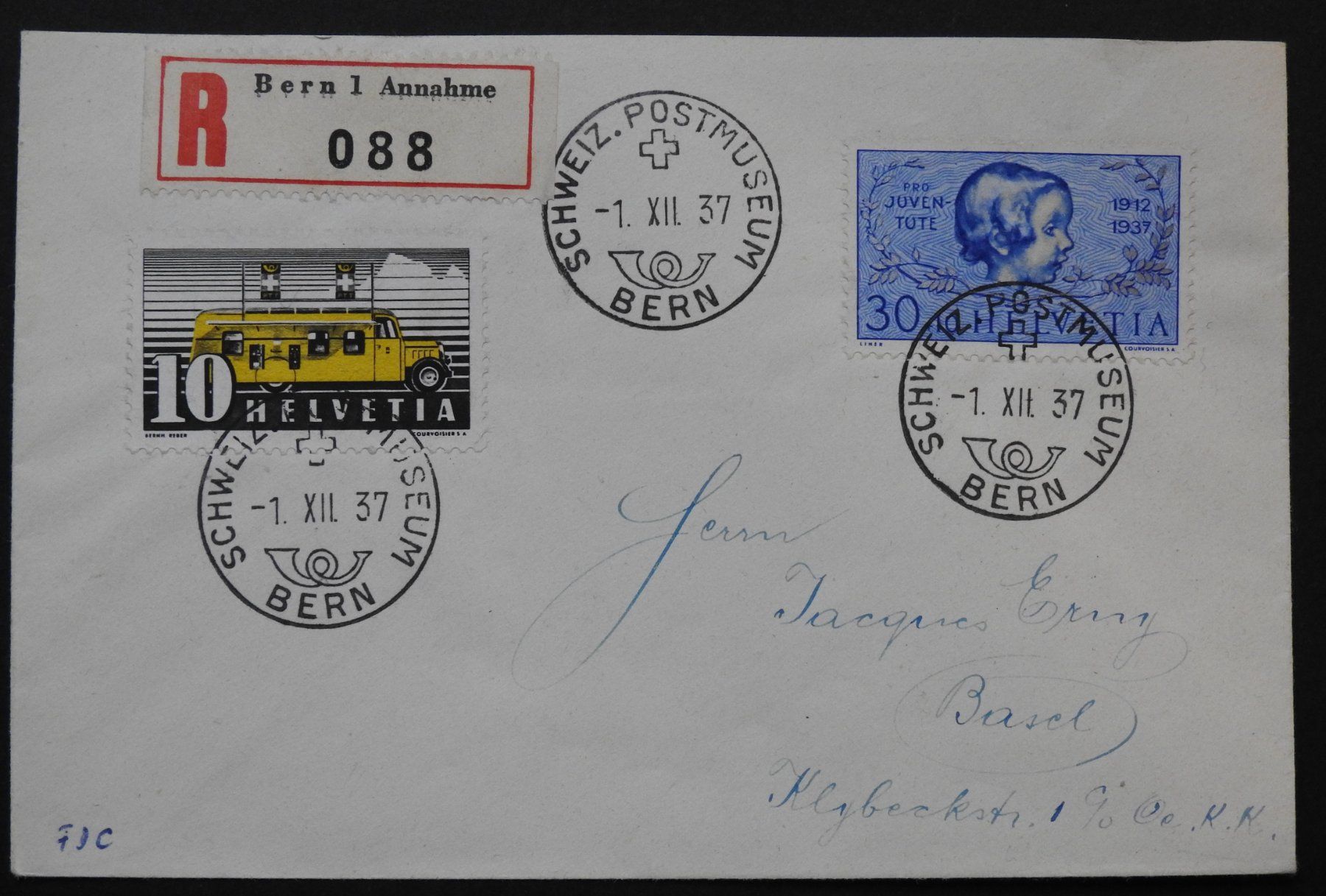 Alle Briefmarken: PJ Nr.84  FDC 1.12.1937 R- Brief Basel – Gebraucht aus Rain von Sterne13